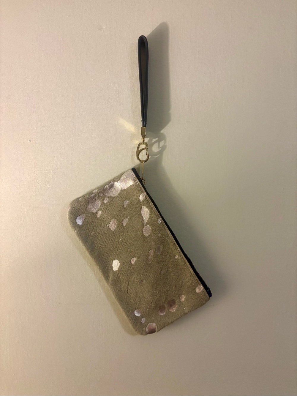 Satchel Piper Wristlet in Gray Hair on Hide with Silver Accents and Navy wristb